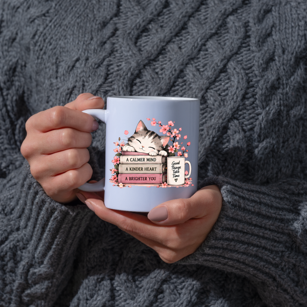 Inspirational Cat Mug "A CALMER MIND A KINDER HEART A BRIGHTER YOU" Sleeping Kitten & Books 325ml Ceramic Coffee Mug Mindful Tea Cup with Cherry Blossoms & Mug Graphic Gift | Available in Multicolours | Fast Dispatch by UK Seller (M3033)