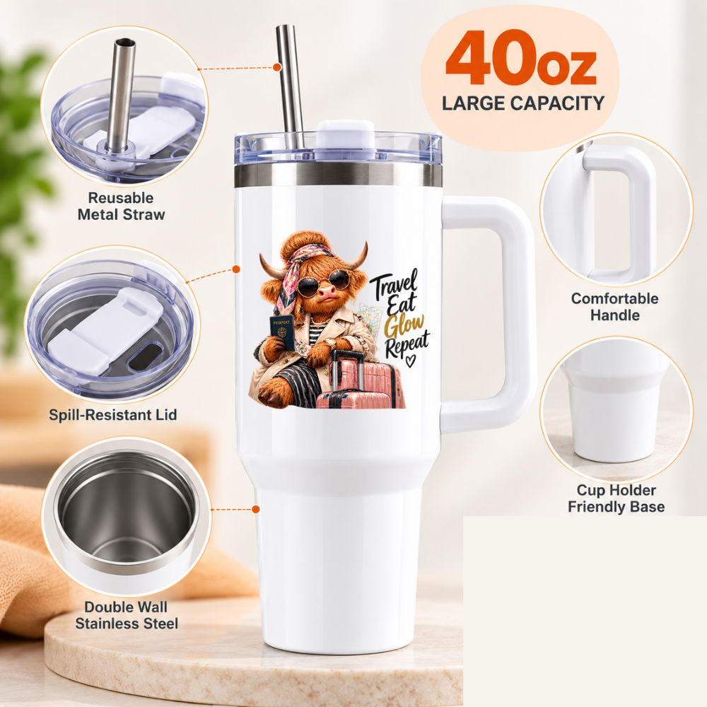 Sassy Highland Cow Travel Tumbler "Travel Eat Glow Repeat" Graphic 40oz Stainless Steel Insulated Travel Mug with Handle & Straw – Fashion Cow with Passport, Sunglasses, Headscarf & Suitcase Novelty Travel Cup | Fast Dispatch by UK Seller (T3022)