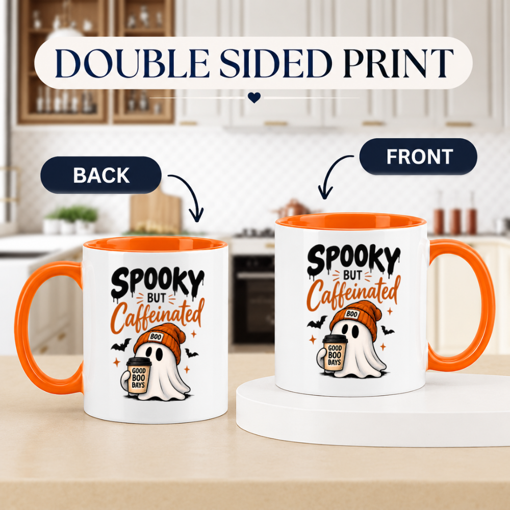 Halloween Mug "Spooky But Caffeinated Ghost" Spooky But Caffeinated Ghost 325ml Ceramic Coffee Mug – Cute Halloween Autumn Tea Cup with Beanie Coffee Cup Bats Typography Graphic Gift | Available in Multicolours | Fast Dispatch by UK Seller (M3202)