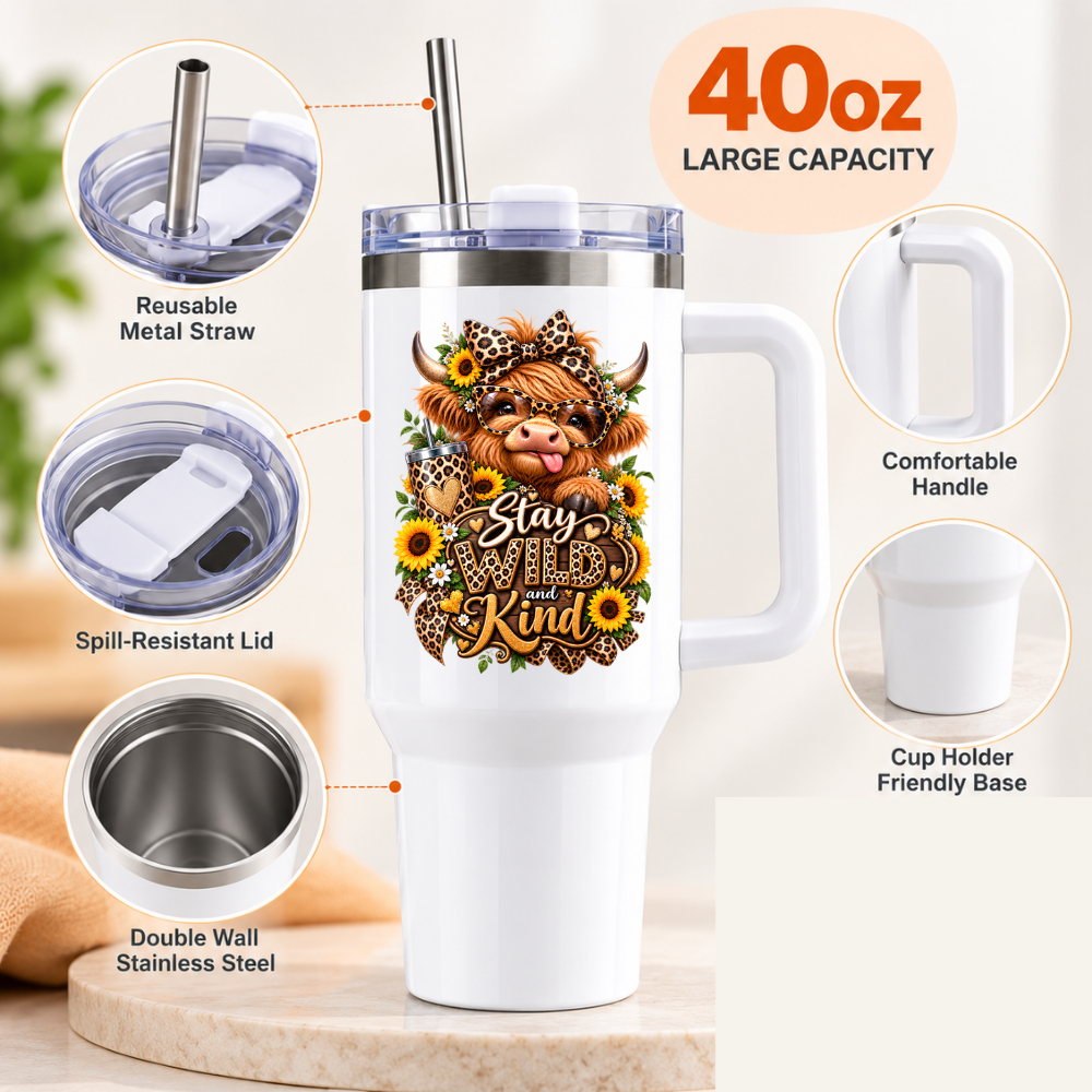 Cute Highland Cow Travel Tumbler "Stay Wild And Kind" Graphic 40oz Stainless Steel Insulated Travel Mug with Handle & Straw â€“ Cheeky Calf with Leopard Glasses, Sunflowers & Iced Coffee Cup Novelty Travel Cup | Fast Dispatch by UK Seller (T3003)