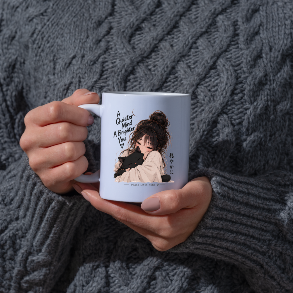 Inspirational Anime Girl & Black Cat Mug "A Quieter Mind A Brighter You" 325ml Ceramic Coffee Mug – Aesthetic Mindful Tea Cup with Japanese Kanji Graphic Gift | Available in Multicolours | Fast Dispatch by UK Seller (M3045)