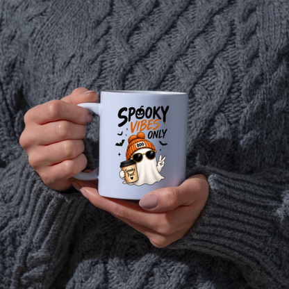 Halloween Mug "SPOOKY VIBES Only" Cool Ghost 325ml Ceramic Coffee Mug – Trendy Beanie Ghost Tea Cup with Sunglasses & Coffee Cup Graphic Gift | Available in Multicolours | Fast Dispatch by UK Seller (M3077)