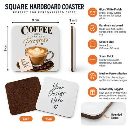 Inspirational Coffee Hardboard Coaster "Coffee Turns Plans Into Progress" Graphic 9cm x 9cm Square Drinks Coaster â€“ Latte Art Glass Cup with Marble Saucer Novelty Mat | Elegant Glossy Gift for Coffee Lovers | Fast Dispatch by UK Seller (C3002)