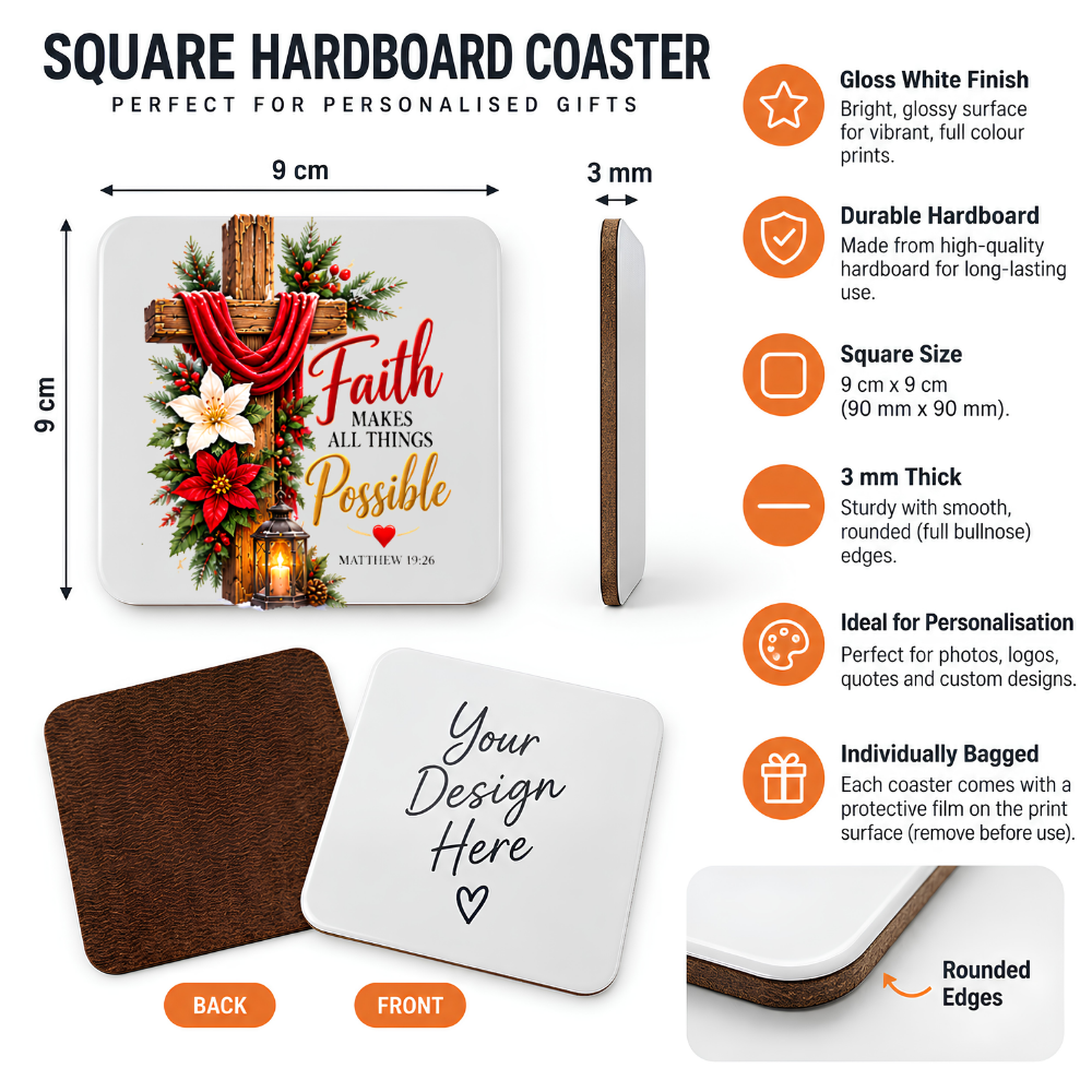 Inspirational Religious Hardboard Coaster "Faith Makes All Things Possible" Graphic 9cm x 9cm Square Drinks Coaster “ Rustic Wooden Cross wi