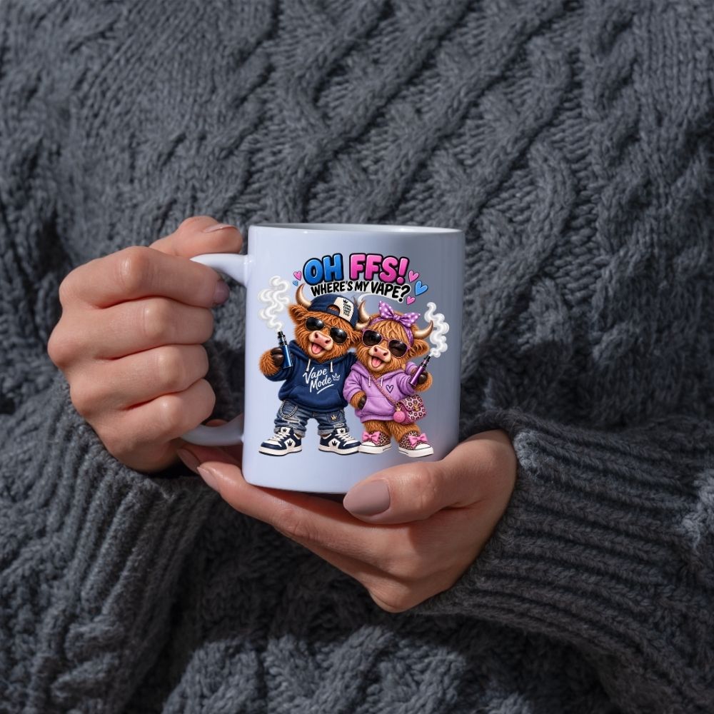 Funny Mug Highland Cow Couple "Oh FFS! Where's My V?" Coffee Mug Sarcastic Meme Animals Ceramic Tea Cup & Novelty Streetwear Gift 325ml | Available in Multicolours | Fast Dispatch by UK Seller (M1322)