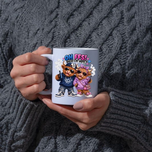 Funny Mug Highland Cow Couple "Oh FFS! Where's My V?" Coffee Mug Sarcastic Meme Animals Ceramic Tea Cup & Novelty Streetwear Gift 325ml | Available in Multicolours | Fast Dispatch by UK Seller (M1322)