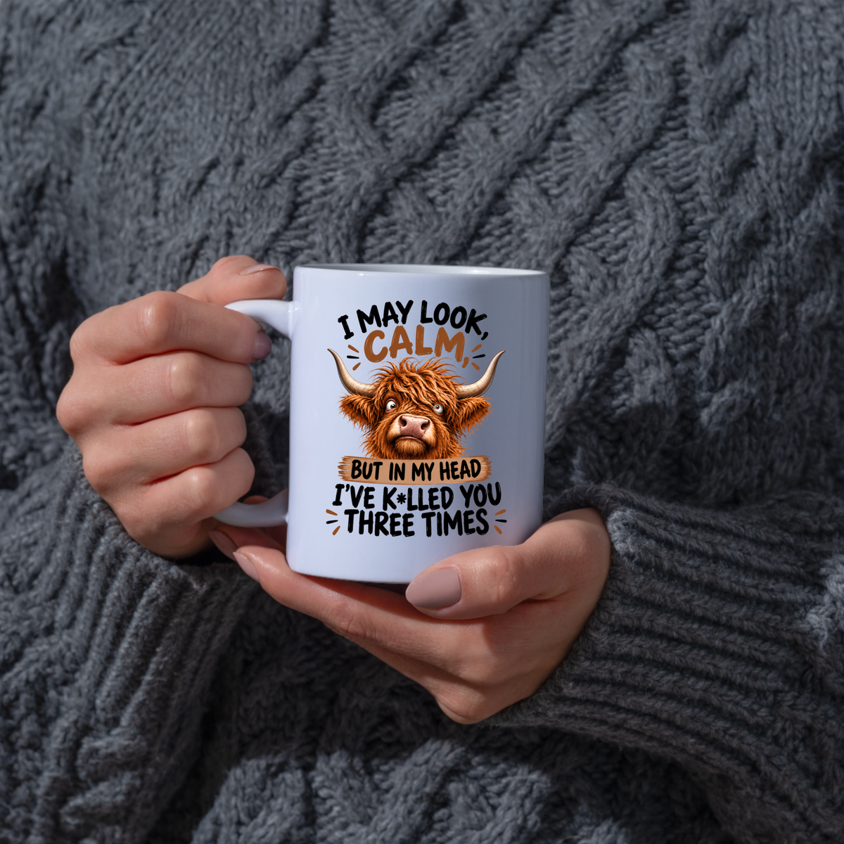 Funny Mug "I May Look Calm" Highland Cow Ceramic Coffee Mug Sarcastic Work & Office Novelty Cup 350ml | Fast Dispatch by UK Seller (M1059)