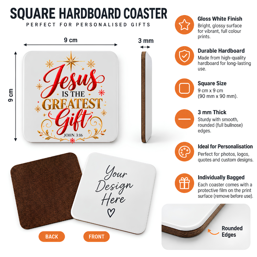 Festive Christian Christmas Coaster "Jesus Is the Greatest Gift John 3:16" Graphic Glossy Hardboard 9x9cm Drinks Mat – Golden & Red Script Bible Verse Holiday Tableware Gift | Fast Dispatch by UK Seller (C3054)