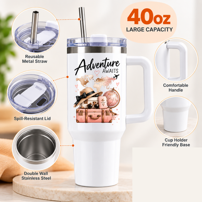 Inspirational Travel Tumbler "Adventure Awaits" Graphic 40oz Stainless Steel Insulated Travel Mug with Handle & Straw – Vintage Pink Suitcases, Sun Hat, Passport & World Map Travel Cup | Fast Dispatch by UK Seller (T3036)