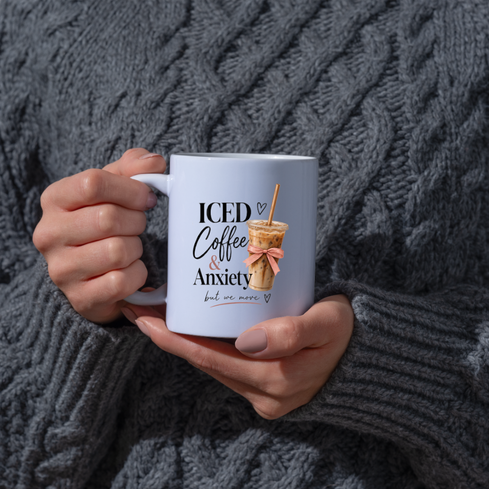 Relatable Mug "ICED Coffee & Anxiety but we move" Coquette Aesthetic 325ml Ceramic Coffee Mug Trendy Coffee Lover Tea Cup with Pink Bow & Straw Graphic Gift | Available in Multicolours | Fast Dispatch by UK Seller (M3007)