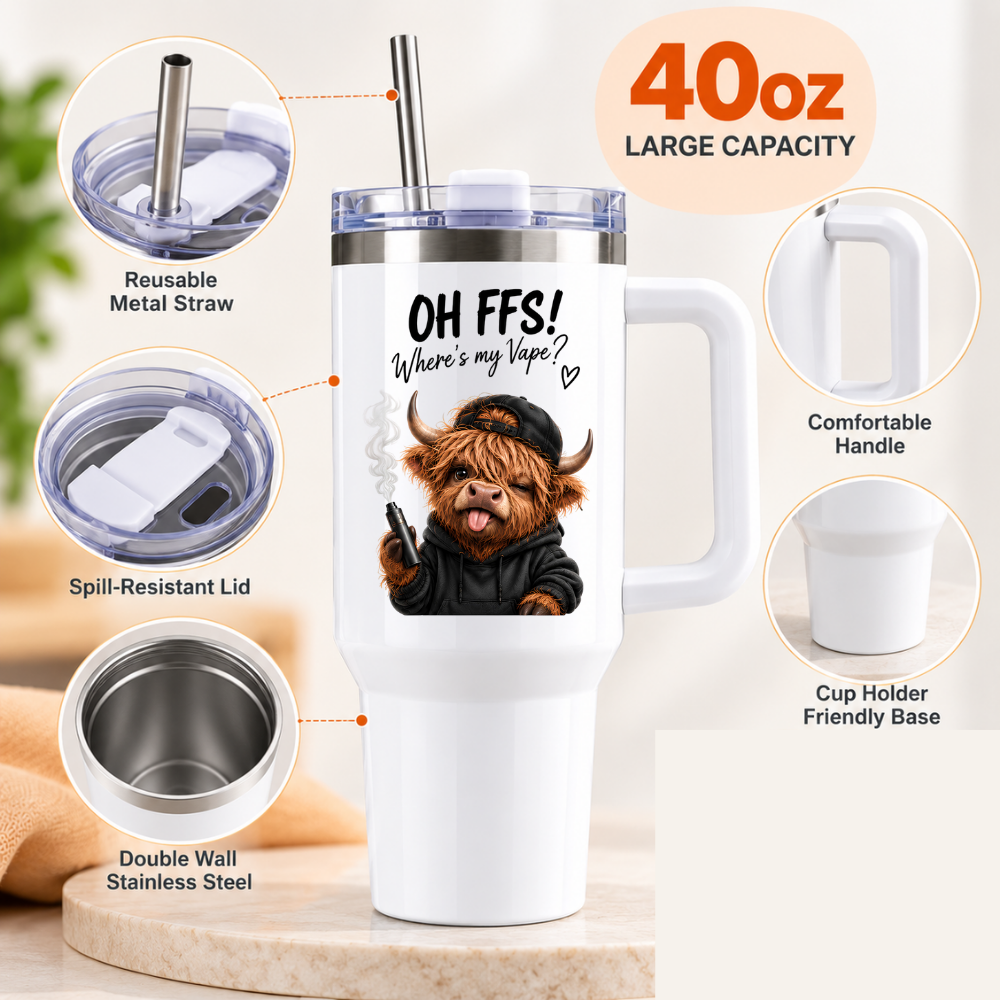 Funny Sassy Highland Cow Travel Tumbler "OH FFS! Where's my Vape?" Graphic 40oz Stainless Steel Insulated Travel Mug with Handle & Straw – Cheeky Cow in Black Hoodie & Cap Vaping Novelty Travel Cup | Fast Dispatch by UK Seller (T3028)