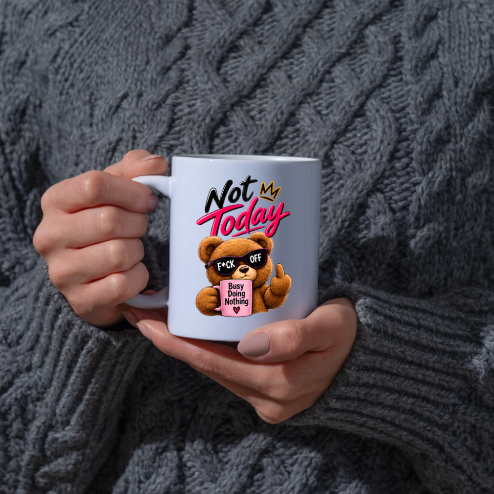 Sarcastic Mug "NOT TODAY" Attitude Teddy Bear 325ml Ceramic Coffee Mug Novelty Teddy Bear Tea Cup with F*CK OFF Sunglasses, Middle Finger & "Busy Doing Nothing" Mug Graphic Gift | Available in Multicolours | Fast Dispatch by UK Seller (M3085)