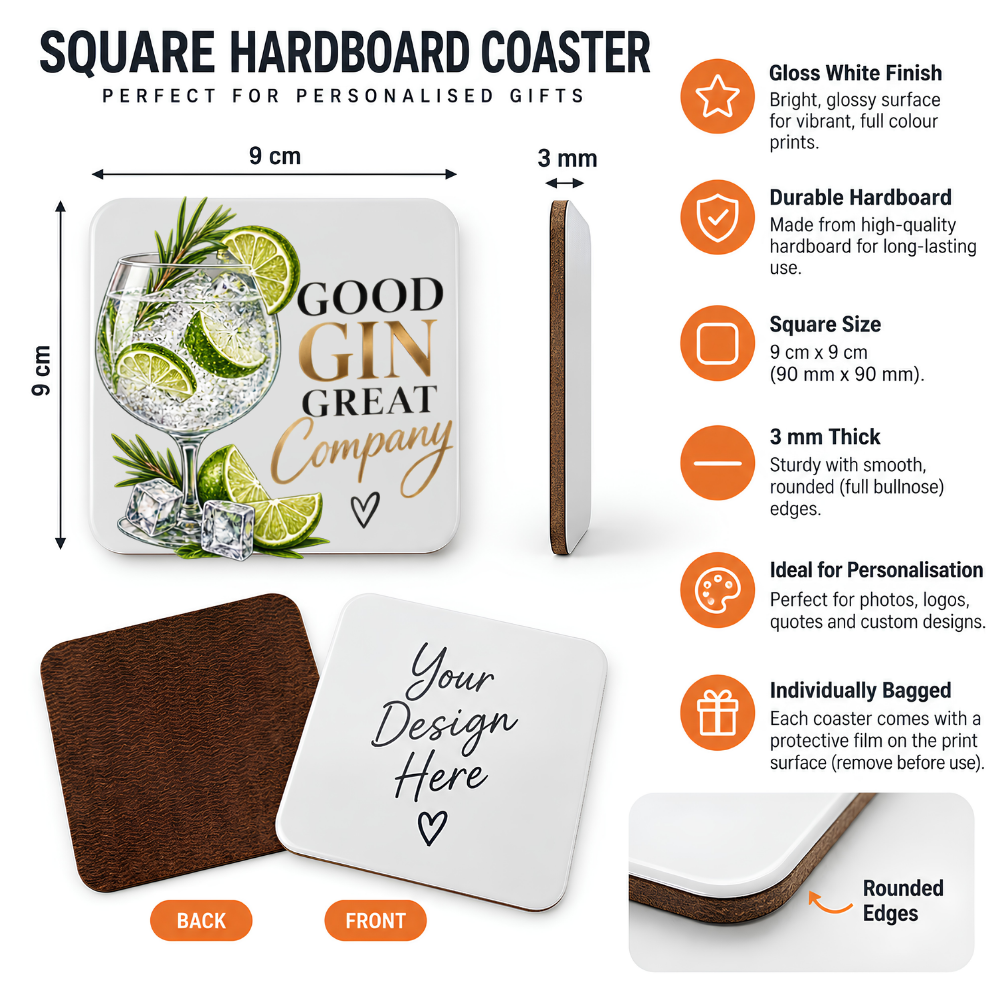 Refreshing Gin Hardboard Coaster "Good Gin Great Company" Graphic 9cm x 9cm Square Drinks Coaster “ Gin Copa Glass with Lime Wedges, Rosemary Sprig & Ice Cubes Novelty Mat | Elegant Glossy Gift for Gin Lovers | Fast Dispatch by UK Seller (C3008)