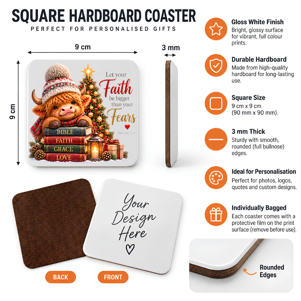 Festive Christian Christmas Coaster "Let Your Faith Be Bigger Than Your Fears Isaiah 41:10" Graphic Glossy Hardboard 9x9cm Drinks Mat – Highland Cow, Stack of Books & Christmas Tree Holiday Tableware Gift | Fast Dispatch by UK Seller (C3060)