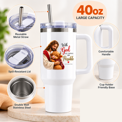 Inspirational Religious Highland Cow Travel Tumbler "With God All Things Are Possible" Graphic 40oz Stainless Steel Insulated Travel Mug with Handle & Straw â€“ Jesus Hugging Highland Calf in Scarf Novelty Travel Cup | Fast Dispatch by UK Seller (T3009)
