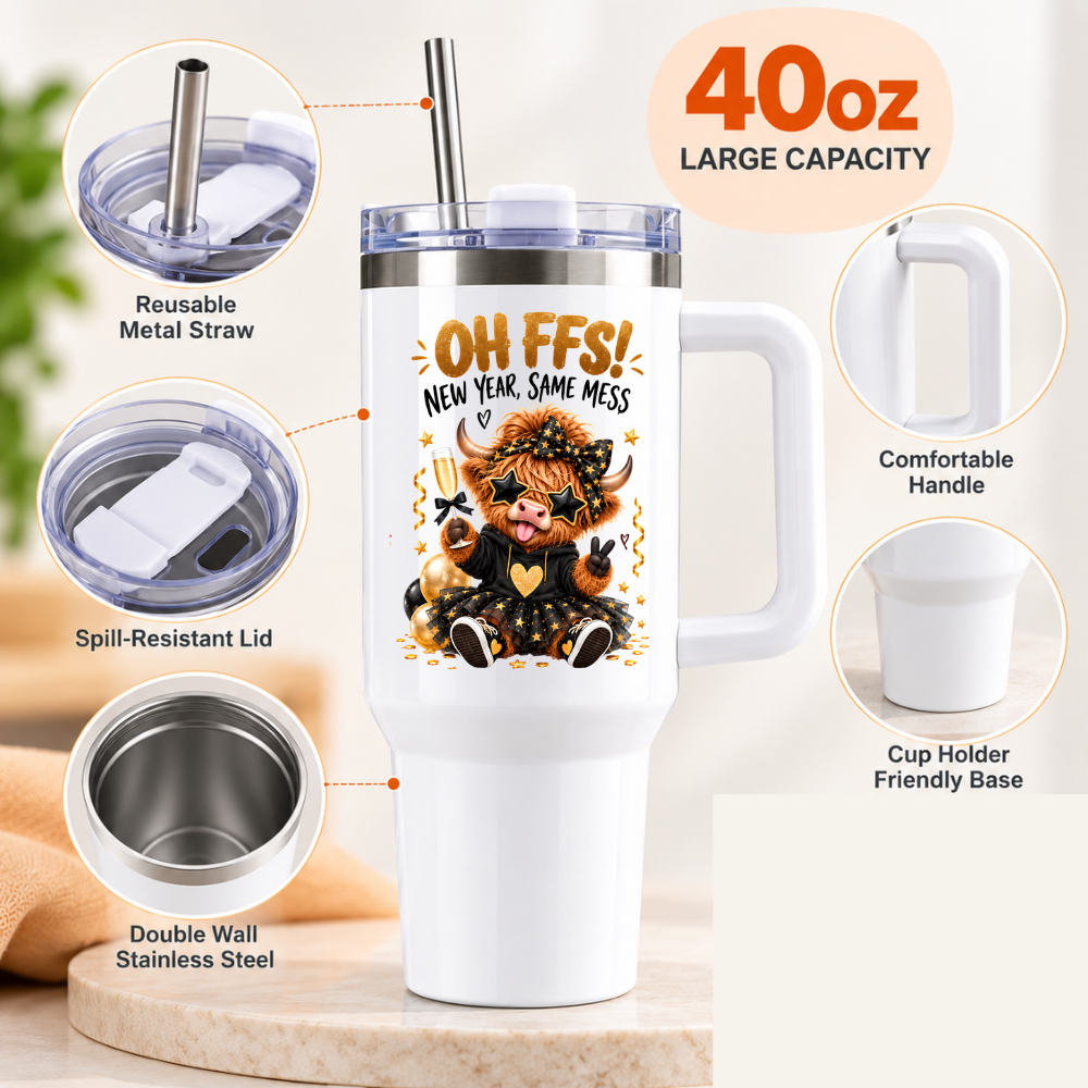 Sassy New Year Highland Cow Travel Tumbler "OH FFS! New Year, Same Mess" Graphic 40oz Stainless Steel Insulated Travel Mug with Handle & Straw – Party Cow in Star Glasses, Tutu, Champagne Glass & Gold Confetti Gift | Fast Dispatch by UK Seller (T3045)