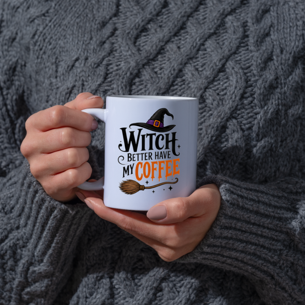 Halloween Mug "WITCH BETTER Have My Coffee" Funny Witch Hat 325ml Ceramic Coffee Mug – Novelty Autumn Tea Cup with Witch Broom & Orange Text Graphic Gift | Available in Multicolours | Fast Dispatch by UK Seller (M3069)