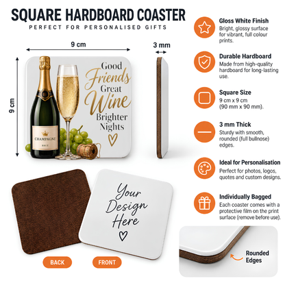 Elegant Champagne & Friends Hardboard Coaster "Good Friends Great Wine Brighter Nights" Graphic 9cm x 9cm Square Drinks Coaster “ Champagne Bottle & Flute Novelty Mat | Elegant Glossy Gift for Wine Lovers & Friends | Fast Dispatch by UK Seller (C3014)
