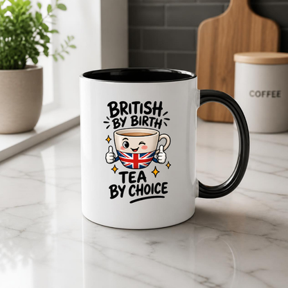 British Tea Mug "BRITISH BY BIRTH TEA BY CHOICE" Funny Tea Cup 325ml Ceramic Coffee Mug Witty Union Jack Tea Cup with Cartoon Character Gift | Available in Multicolours | Fast Dispatch by UK Seller (M3001)