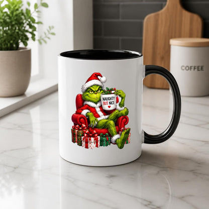 Sarcastic Mug "Naughty But Nice" Green Holiday Character 325ml Ceramic Coffee Mug Funny Grumpy Christmas Tea Cup with Santa Suit & Armchair Gift | Available in Multicolours | Fast Dispatch by UK Seller (M1239)