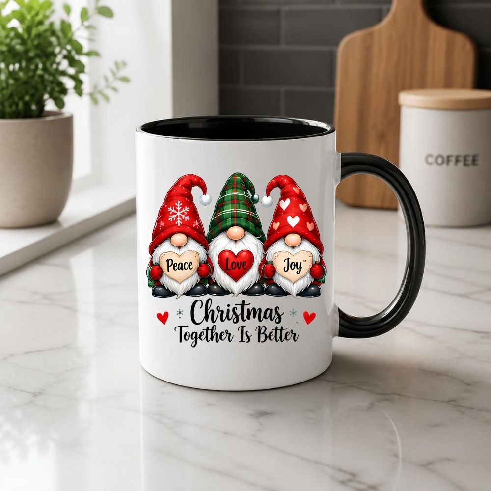 Festive Mug "Peace Love Joy" Trio Gnomes 325ml Ceramic Coffee Mug Christmas Together Is Better Holiday Tea Cup with Hearts & Plaid Hat | Available in Multicolours | Fast Dispatch by UK Seller (M1271)