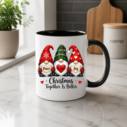 Festive Mug "Peace Love Joy" Trio Gnomes 325ml Ceramic Coffee Mug Christmas Together Is Better Holiday Tea Cup with Hearts & Plaid Hat | Available in Multicolours | Fast Dispatch by UK Seller (M1271)