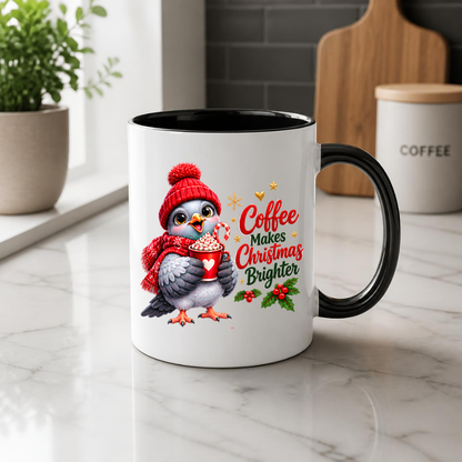 Christmas Mug "Coffee Makes Christmas Brighter Cute Bird" 325ml Ceramic Coffee Mug – Cute Christmas Bird in Red Beanie Hat Scarf Holding Cocoa Cup Holiday Gift For Bird Coffee Lovers | Available in Multicolours | Fast Dispatch by UK Seller (M3266)