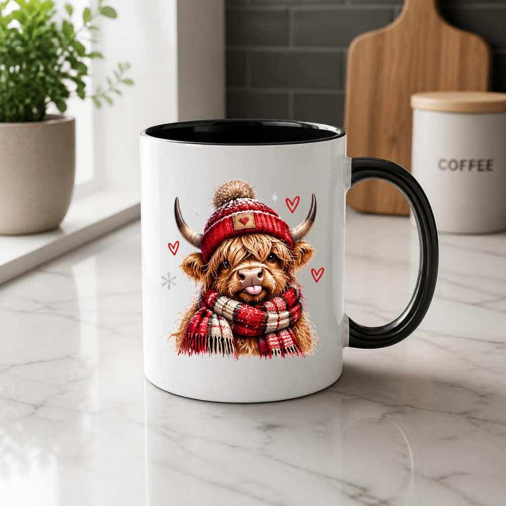 Highland Cow Winter Scarf Mug "Cozy Winter Highland Cow" Cozy Winter Highland Cow 325ml Ceramic Coffee Mug – Cute Highland Cow in Red Pom-Pom Beanie & Matching Tartan Scarf with Snowflakes & Hearts | Winter Gift | Fast Dispatch by UK Seller (M3396)