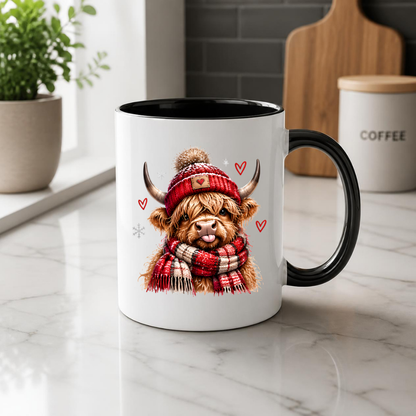 Highland Cow Winter Scarf Mug "Cozy Winter Highland Cow" Cozy Winter Highland Cow 325ml Ceramic Coffee Mug – Cute Highland Cow in Red Pom-Pom Beanie & Matching Tartan Scarf with Snowflakes & Hearts | Winter Gift | Fast Dispatch by UK Seller (M3396)