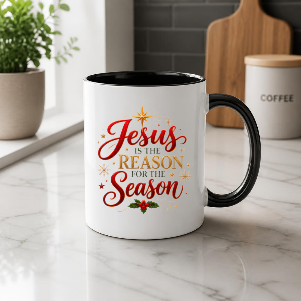 Christmas Mug "Jesus Is The Reason For The Season" 325ml Ceramic Coffee Mug – Festive Christian Typography Mug With Star Of Bethlehem Holly Gold Stars Holiday Gift | Available in Multicolours | Fast Dispatch by UK Seller (M3312)