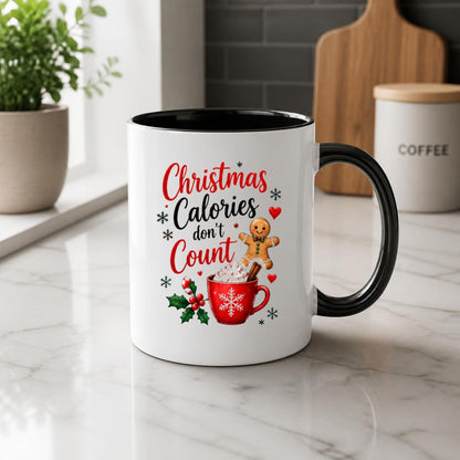 Festive Mug "Christmas Calories don't Count" Gingerbread & Hot Chocolate 325ml Ceramic Coffee Mug – Sweet Winter Holiday Tea Cup with Whipped Cream Holiday Treats | Available in Multicolours | Fast Dispatch by UK Seller (M1267)