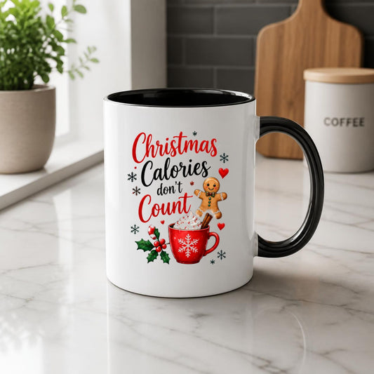 Festive Mug "Christmas Calories don't Count" Gingerbread & Hot Chocolate 325ml Ceramic Coffee Mug – Sweet Winter Holiday Tea Cup with Whipped Cream Holiday Treats | Available in Multicolours | Fast Dispatch by UK Seller (M1267)