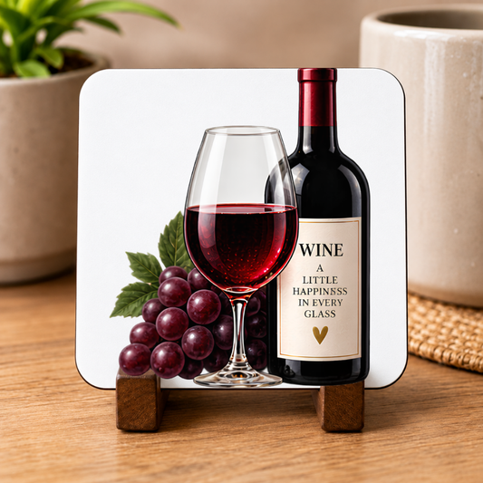 Elegant Wine Hardboard Coaster "Wine A Little Happiness in Every Glass" Graphic 9cm x 9cm Square Drinks Coaster “ Red Wine Bottle & Glass with Purple Grapes Novelty Mat | Elegant Glossy Gift for Wine Lovers | Fast Dispatch by UK Seller (C3015)