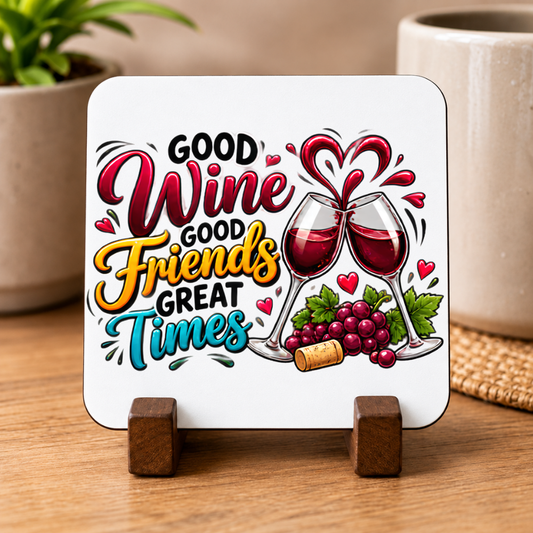Best Friends Wine Coaster "Good Wine Good Friends Great Times" Graphic Glossy Hardboard 9x9cm Drinks Mat – Clinking Wine Glasses, Grapes & Cork Bestie Holiday Tableware Gift | Fast Dispatch by UK Seller (C3067)