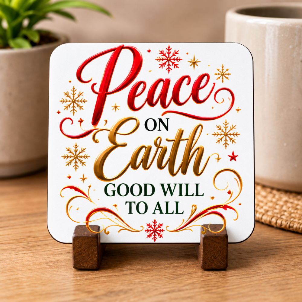 Festive Christian Christmas Coaster "Peace on Earth Good Will to All" Graphic Glossy Hardboard 9x9cm Drinks Mat – Red & Golden Script Holiday Tableware Gift | Fast Dispatch by UK Seller (C3055)