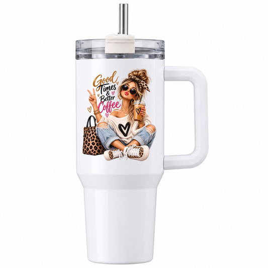 Sassy Fashion Travel Tumbler "Good Times & Better Coffee" Graphic 40oz Stainless Steel Insulated Travel Mug with Handle & Straw – Trendy Girl with Peace Sign, Leopard Headband, Handbag & Iced Coffee Novelty Travel Cup | Fast Dispatch by UK Seller (T3018)