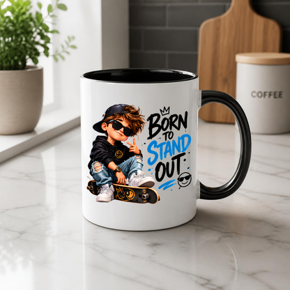 Skater Mug "Born To Stand Out" 325ml Ceramic Coffee Tea Cup – Cool Boy Graphic, Sunglasses, Skateboard & Slogan Novelty Gift for Teens, Bestie, Birthday – Fast Dispatch by UK Seller (M3498)