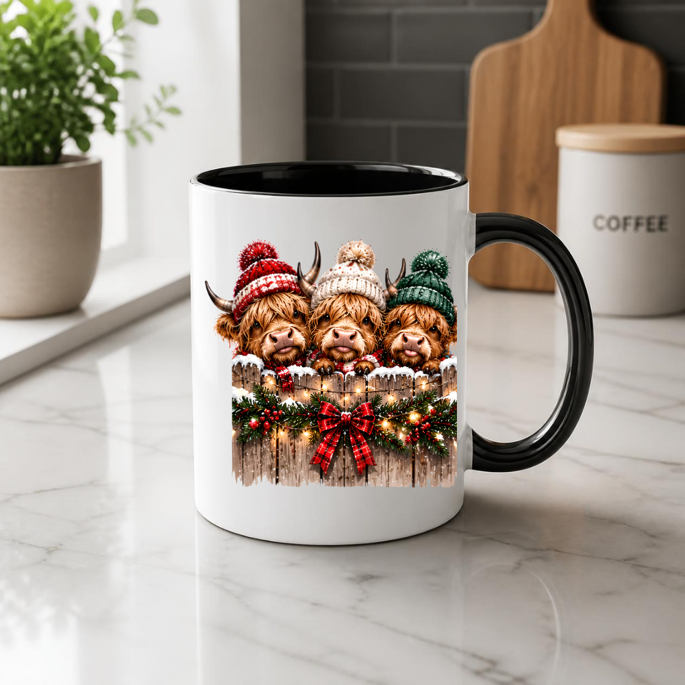 Highland Cows Christmas Fence Mug "Merry & Bright" Festive Highland Cows 325ml Ceramic Coffee Mug – Three Cute Cows in Winter Bobble Hats Behind Snowy Fence with Fairy Lights & Red Tartan Bow | Christmas Gift | Fast Dispatch by UK Seller (M3429)