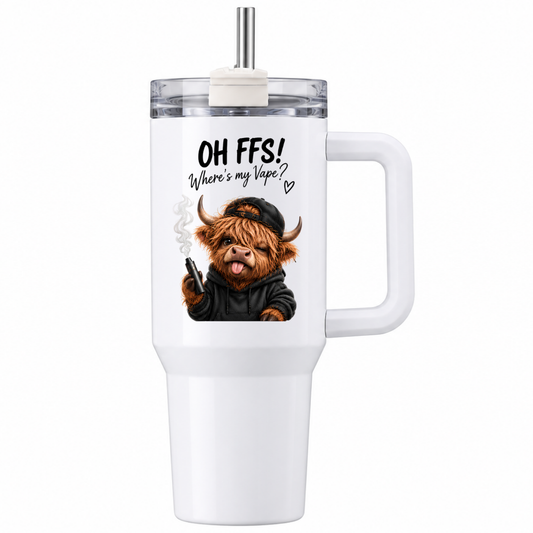 Funny Sassy Highland Cow Travel Tumbler "OH FFS! Where's my Vape?" Graphic 40oz Stainless Steel Insulated Travel Mug with Handle & Straw – Cheeky Cow in Black Hoodie & Cap Vaping Novelty Travel Cup | Fast Dispatch by UK Seller (T3028)