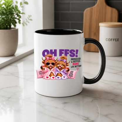 Prosecco Besties Highland Cows Mug "OH FFS! Prosecco & Besties Make Life Better" Oh Ffs! Prosecco & Besties 325ml Ceramic Coffee Mug – Cute Highland Cows in Bathrobes with Wine Glasses & Pillows | Funny Bestie Gift | Fast Dispatch by UK Seller (M3368)
