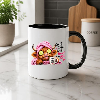 Humorous Mug "Self Care Looks Good On Moo" Highland Cow 325ml Ceramic Coffee Mug Cute Animal Tea Cup with Spa Cucumber Eyes, Pink Towel & Mug Gift | Available in Multicolours | Fast Dispatch by UK Seller (M1277)