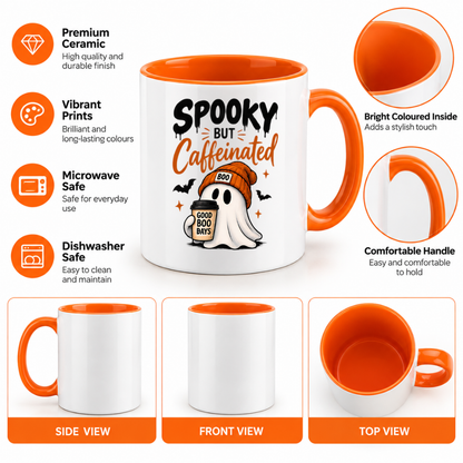 Halloween Mug "Spooky But Caffeinated Ghost" Spooky But Caffeinated Ghost 325ml Ceramic Coffee Mug – Cute Halloween Autumn Tea Cup with Beanie Coffee Cup Bats Typography Graphic Gift | Available in Multicolours | Fast Dispatch by UK Seller (M3202)