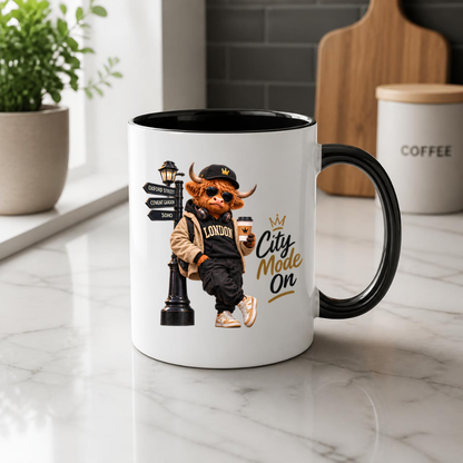 London Mug "City Mode On Cool Highland Cow" City Mode On 325ml Ceramic Coffee Mug – Cool Highland Cow in Cap, Sunglasses & Jacket Leaning on London Street Sign City Gift | Available in Multicolours | Fast Dispatch by UK Seller (M3284)