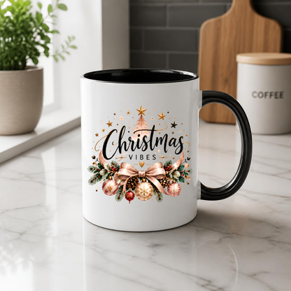 Elegant Rose Gold Christmas Mug "Christmas Vibes" Elegant Christmas Vibes 325ml Ceramic Coffee Mug – Rose Gold Ribbon Bow, Baubles, Pine Garlands & Starry Christmas Tree Slogan | Festive Holiday Gift | Fast Dispatch by UK Seller (M3437)
