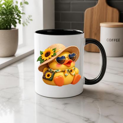 Cute Duck Mug "Summer Sunflower Duckling" Summer Sunflower Duckling 325ml Ceramic Coffee Mug – Adorable Yellow Duck in Straw Hat, Heart Sunglasses Sunflower Bag Summer Gift | Available in Multicolours | Fast Dispatch by UK Seller (M3290)