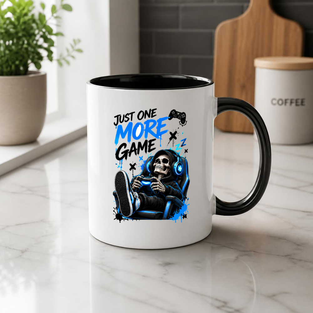 Gaming Mug "Just One More Game" Just One More Game 325ml Ceramic Coffee Mug – Gaming Skeleton in Chair Mug with Controller, Headset & Blue Splatter Art | Gamer Gift | Fast Dispatch by UK Seller (M3344)