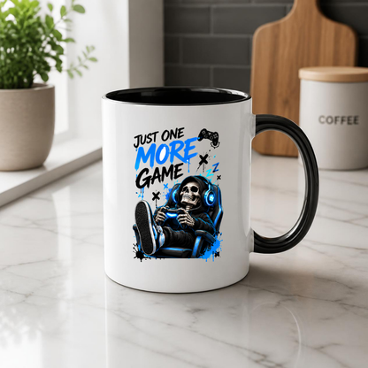 Gaming Mug "Just One More Game" Just One More Game 325ml Ceramic Coffee Mug – Gaming Skeleton in Chair Mug with Controller, Headset & Blue Splatter Art | Gamer Gift | Fast Dispatch by UK Seller (M3344)