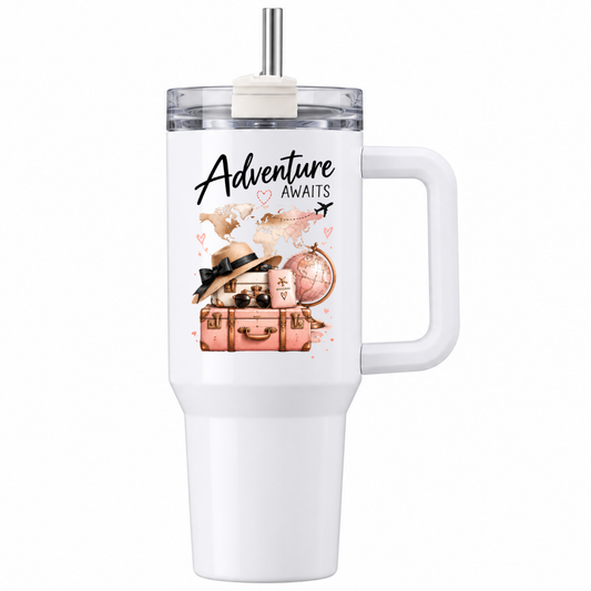 Inspirational Travel Tumbler "Adventure Awaits" Graphic 40oz Stainless Steel Insulated Travel Mug with Handle & Straw – Vintage Pink Suitcases, Sun Hat, Passport & World Map Travel Cup | Fast Dispatch by UK Seller (T3036)