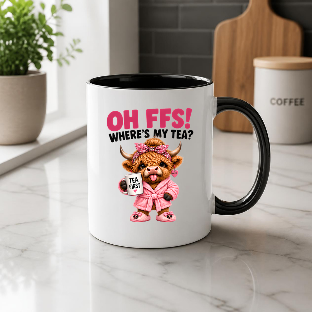 Highland Cow Tea Mug "OH FFS! Where's My Tea?" Oh Ffs! Where's My Tea? 325ml Ceramic Coffee Mug – Cute Highland Cow in Pink Bathrobe with Polka-Dot Bow, Slippers & Tea First Mug | Funny Gift | Fast Dispatch by UK Seller (M3378)