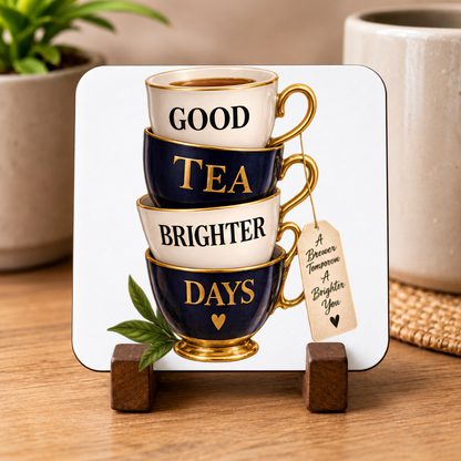 Charming Tea Stack Hardboard Coaster "Good Tea Brighter Days" Graphic 9cm x 9cm Square Drinks Coaster “Stacked Vintage Blue & White Porcelain Cups with Tea Tag Novelty Mat | Elegant Glossy Gift for Tea Lovers | Fast Dispatch by UK Seller (C3003)